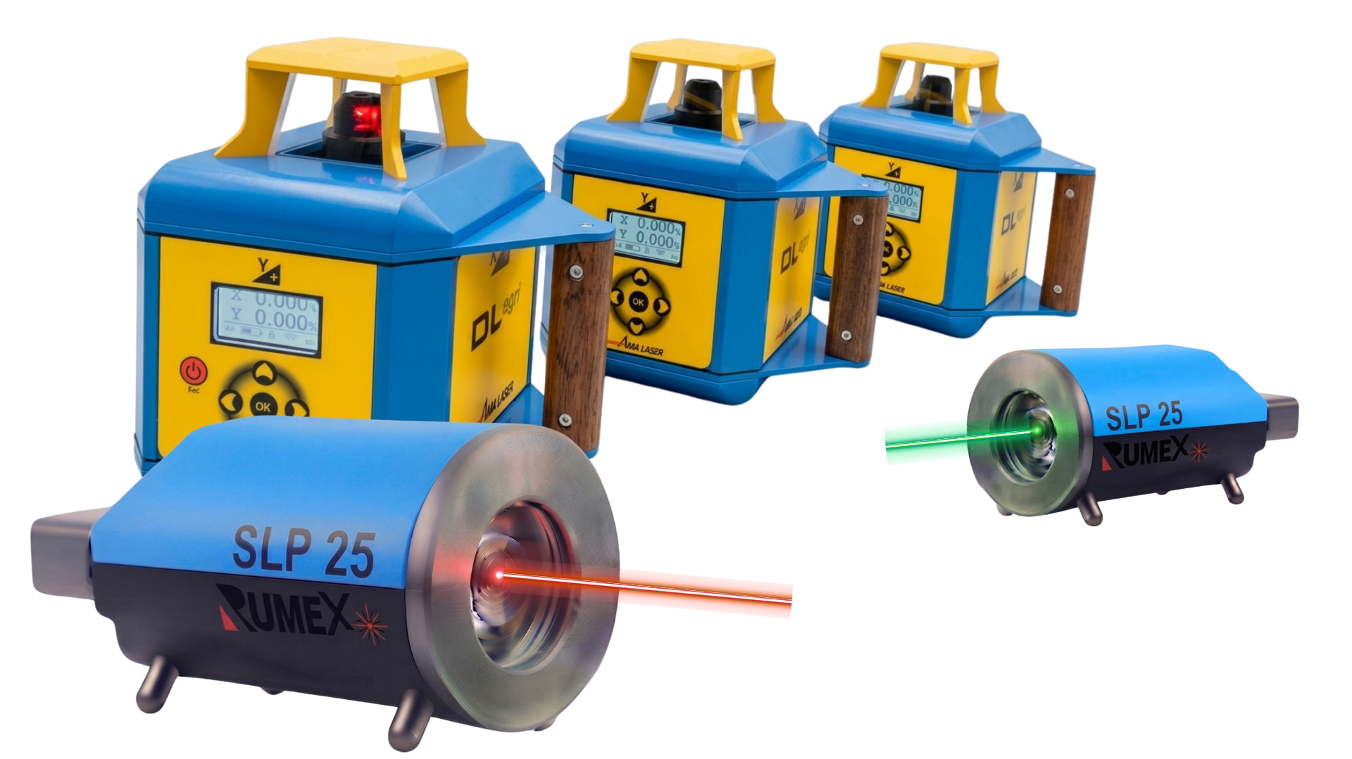Rumex DLagri dual grade lasers and SLP25 pipe lasers on a clean white background